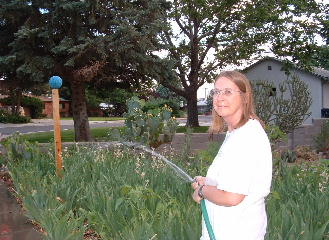 Lissa watering iris with bowling ball in background