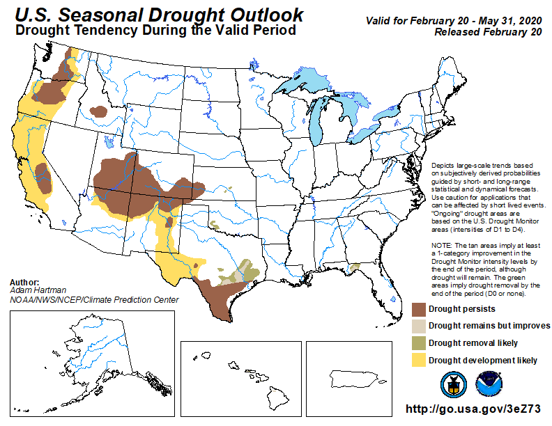 map showing expanding drought forecast for southwestern United States, issued Feb. 20, 2020