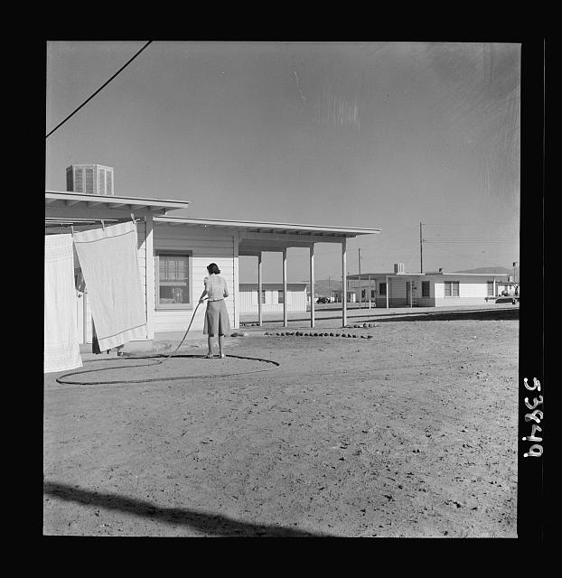 "Las Vegas, Nevada. A worker's wife watering a newly planted lawn around one of the thousand demountable houses built adjacent to the Basic Magnesium Incorporated plant in the southern Nevada desert", Fritz Henly, December 1942, Farm Security Administration, courtesy Library of Congress