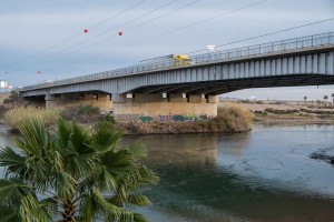 Colorado River flowing beneath the I-10 bridge at Blythe, February 2015