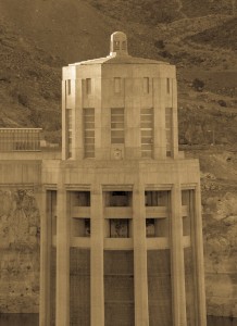 Hoover Dam from the Arizona side at sunset, Feb. 27, 2015