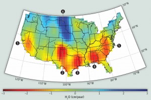 Data from the German-NASA GRACE satellites highlights groundwater depletion hotspots in the United States. CREDIT: CAROLINE DE LINAGE/UNIV. OF CALIFORNIA, IRVINE, Science magazine