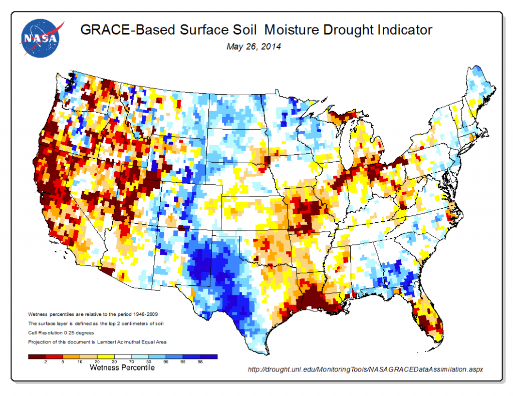satellite-derived soil moisture estimates, based on NASA GRACE data, courtesy National Drought Mitigation Center