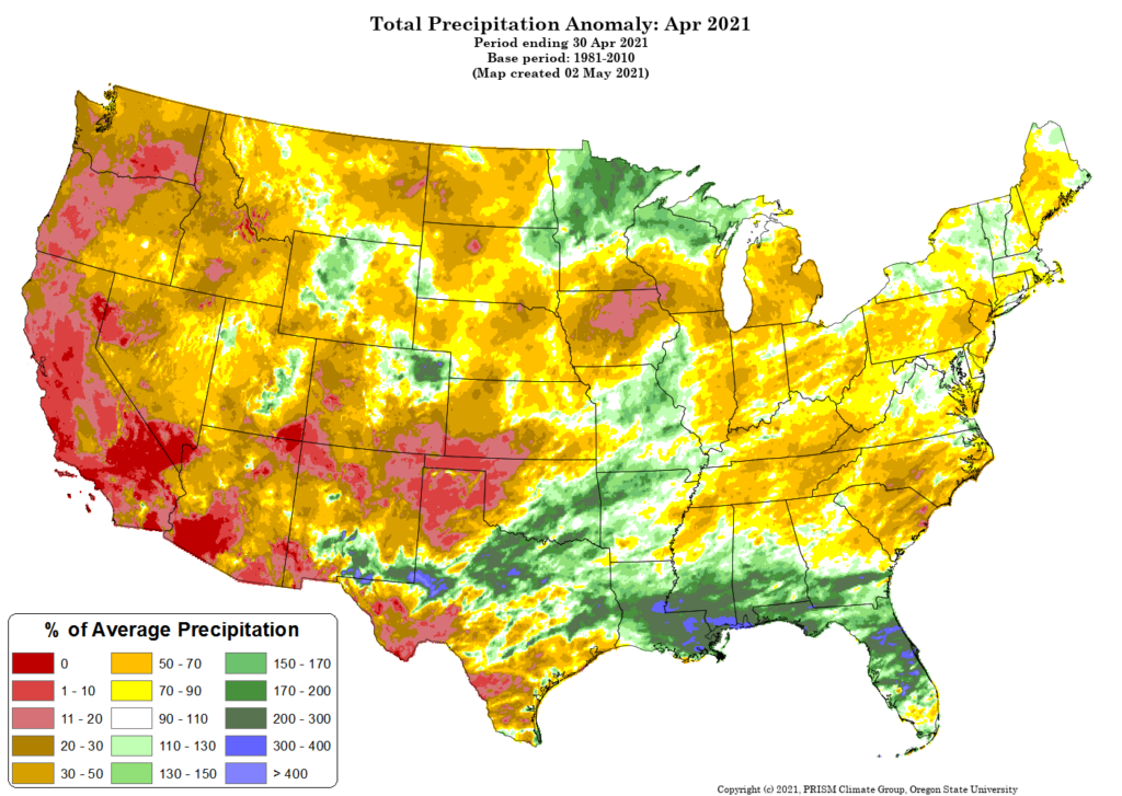 map showing dry conditions in the western United States during April