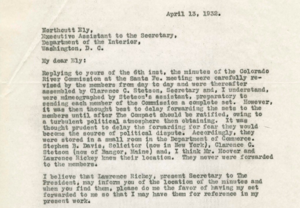 Delph Carpenter to Northcutt Ely, April 13, 1932, courtesy Colorado State University Library