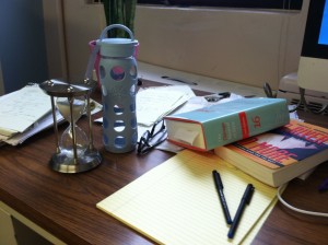 my desk, with Isabel's hourglass