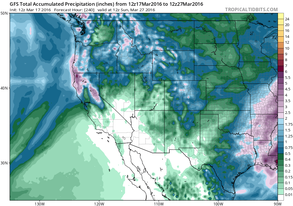 Accumulated precipitation through the end of March. Model by National Centers for Environmental Prediction, graphic by Levi Cowan.