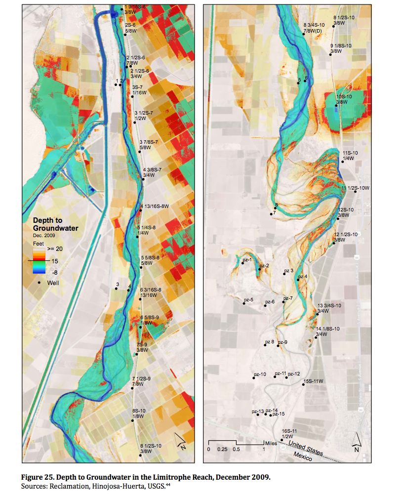 Estimated depth to groundwater, Colorado River limitrophe, courtesy Michael Cohen, Pacific Institute