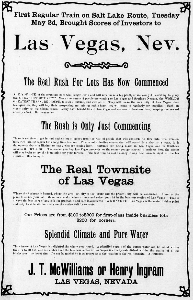 Early 1900s newspaper advertisement, courtesy  Las Vegas Clark County Library District