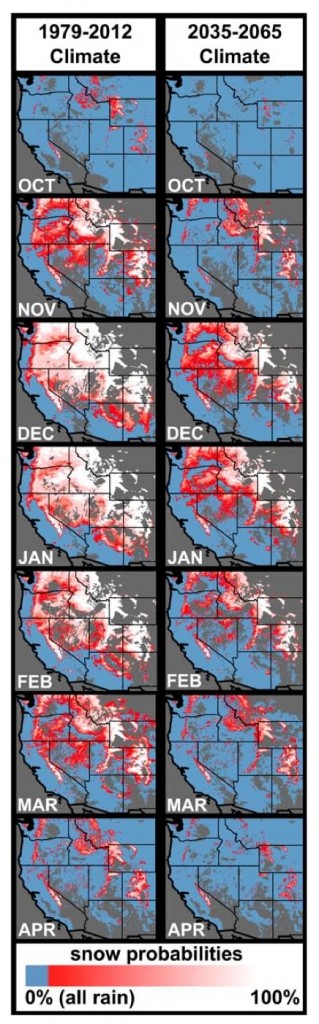 The current and future extent of the strongly rain-dominated (blue), strongly snow- dominated (white), and rain-snow mix (pink to red) areas within the western US based on wet-day mean temperature. From Klos et al., Extent of the rain-snow transition zone in the western U.S. under historic and projected climate, DOI: 10.1002/2014GL060500