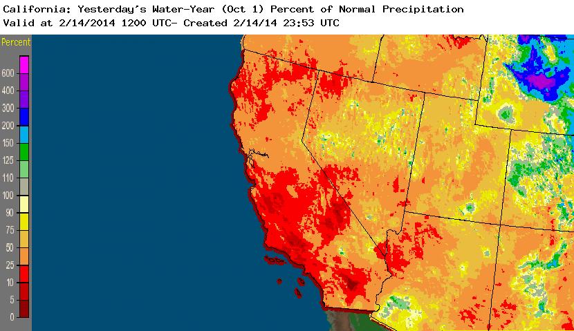 Percent of average precipitation, Oct. 1 2013 - Feb. 14, 2014, courtesy NWS
