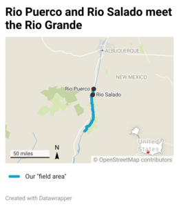 A map of New Mexico highlighting the Rio Grande between Belen and Elephant Butte Reservoir, with the confluence of the Rio Puerco and Rio Salado also highlighted