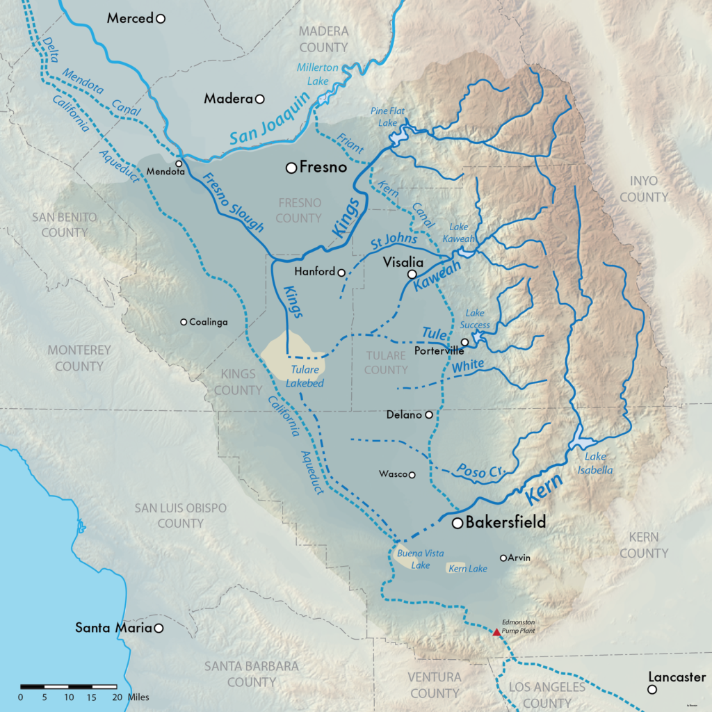 Map showing the Tulare Lake Basin in Central California, USA. 