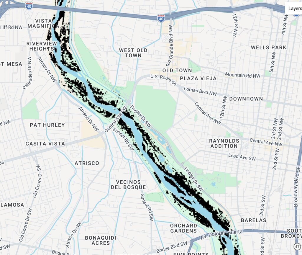 Map showing a line of black pixels representing dieback along the Rio Grande in central Albuquerque
