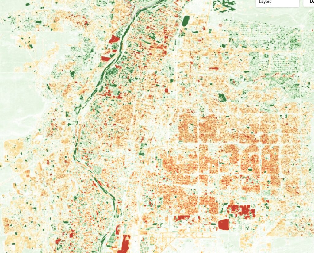 Map of Albuquerque showing 40 years of greenness trends, with vegetation and therefore, by implication, use declining in NE Heights and stable or rising along the Rio Grande