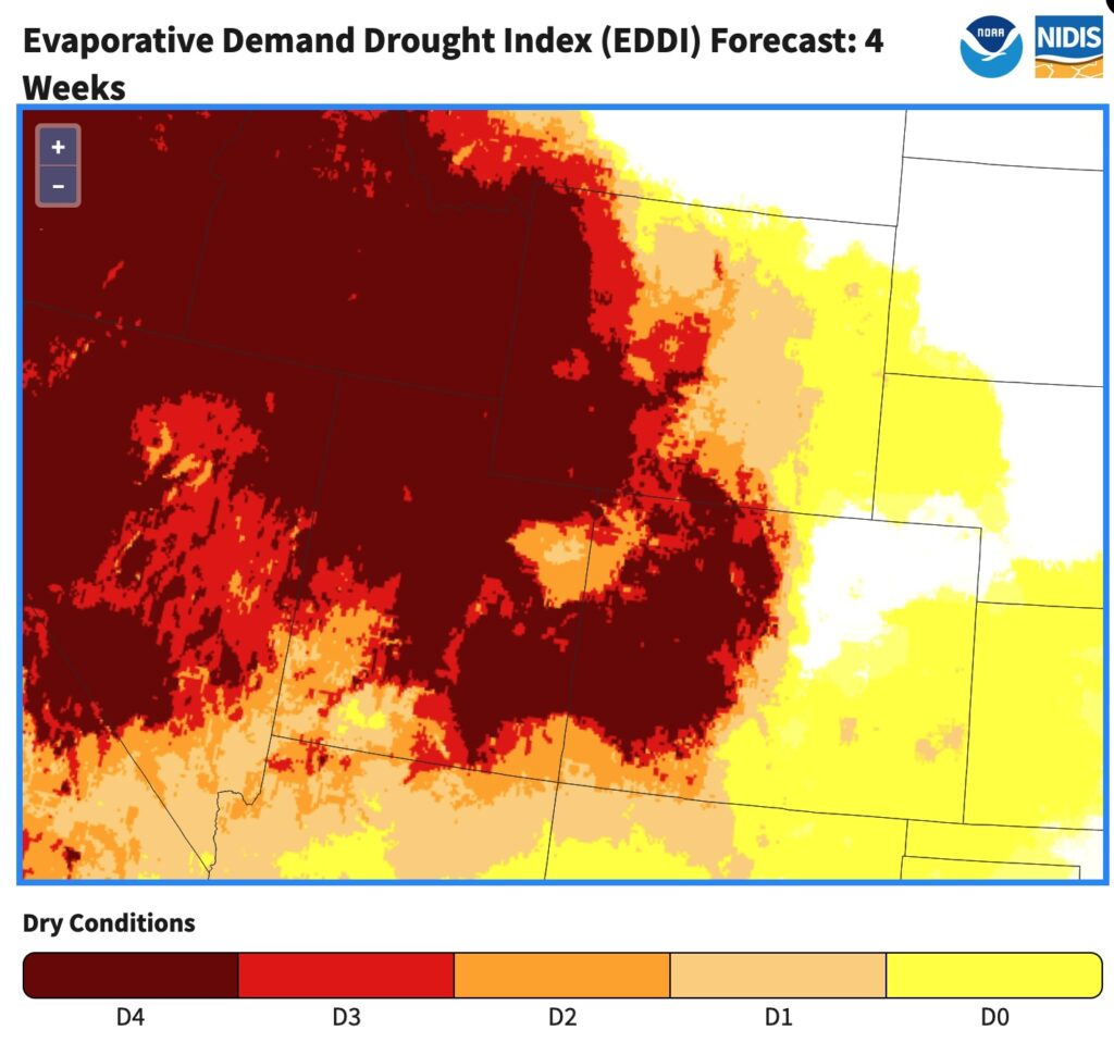 Evaporative Demand Drought Index forecast showing drying out of Colorado and Utah over the next four weeks.
