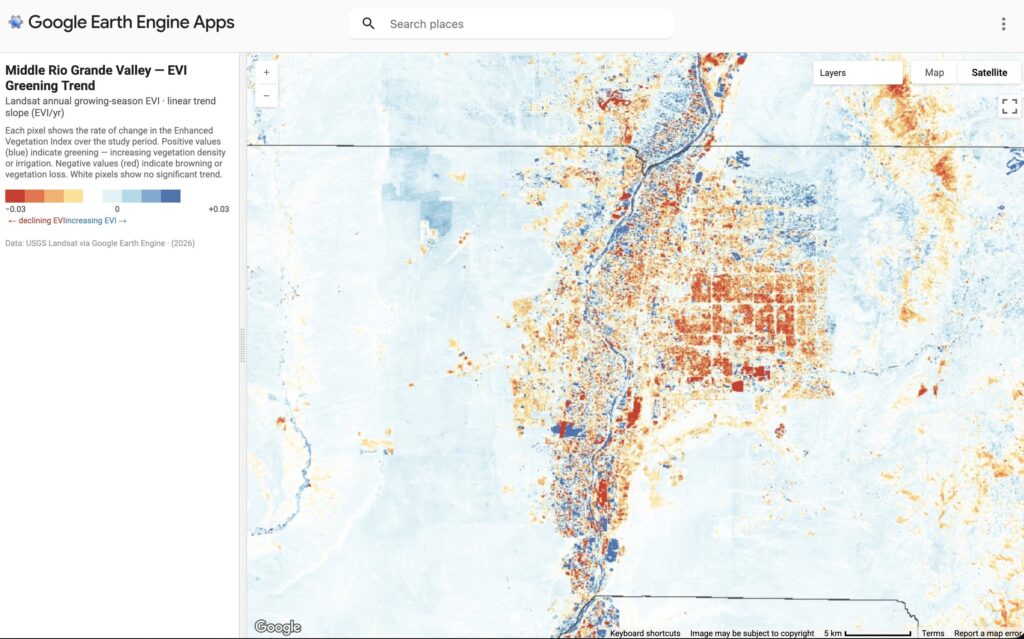 Screenshot of a Google Earth App showing red areas of Albuquerque where water use has gone down and blue where it has gone up.