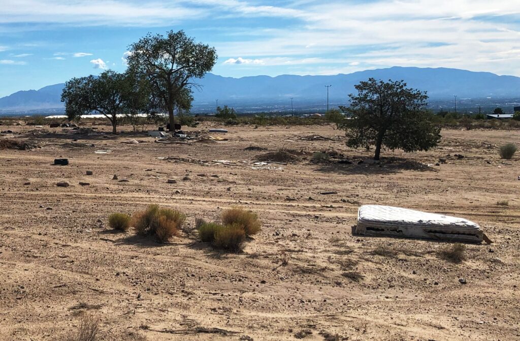 Two trees and an old mattress on a sandy wasteland with mountains in the background.
