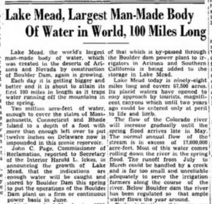 Old newspaper headline: "Lake Mead, Largest Man-Mad Body of Water in World, 100 miles long"