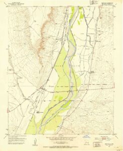 Sepia-toned topographical map showing the Rio Puerco joining the Rio Grande, pushing the Rio Grande toward the east.