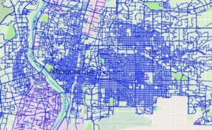 A map of Albuquerque showing, in blue, streets John Fleck has ridden