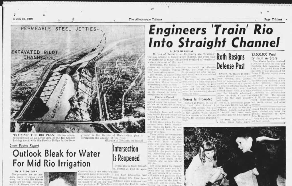 1959 newspaper headline - "Engineers Train Rio Into Straight Channel", with photo of plan for rerouting river