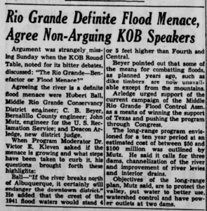 Old newspaper headline and story: "Rio Grande Definite Flood Menace, Agree non-arguing KOB speakers'