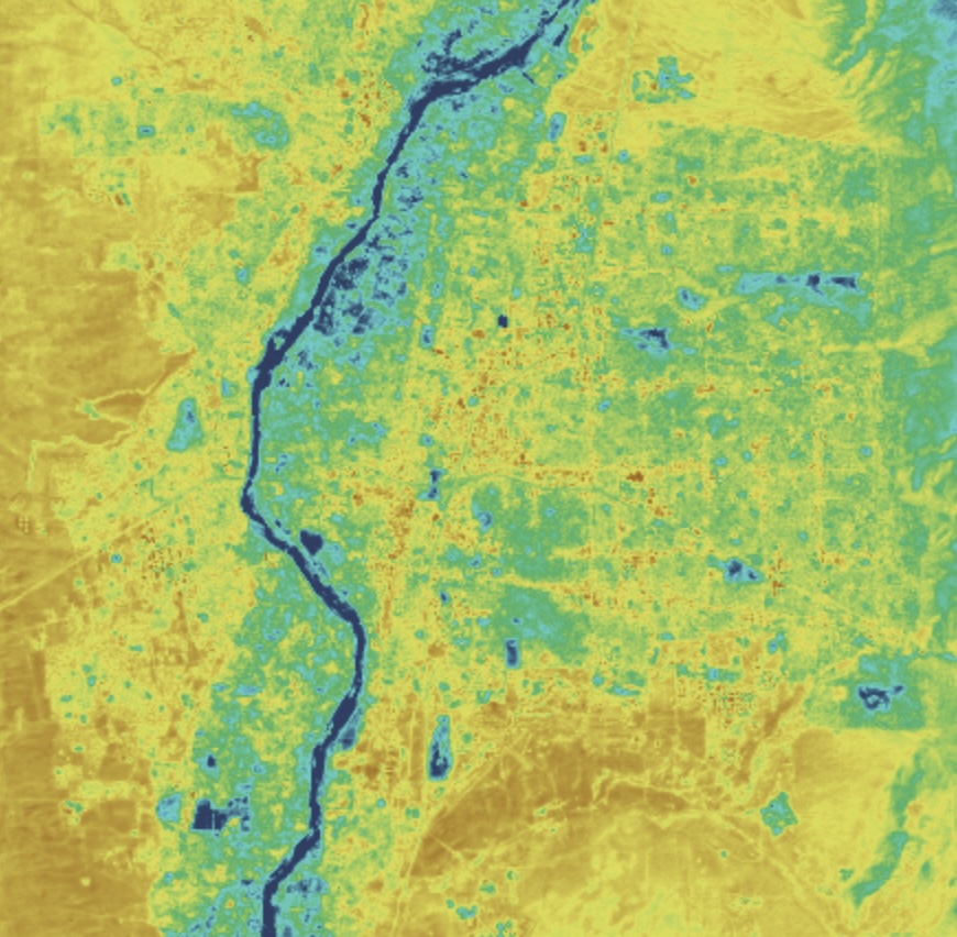 Satellite data map of Albuquerque showing higher water use along the river and the valley floor