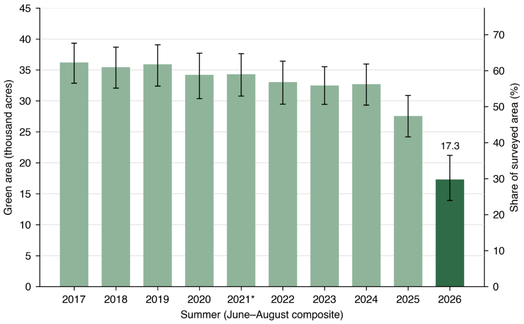 Bar chart of green area across the whole Middle Rio Grande Conservancy District, summers 2017 to 2026. Green area falls slowly from 36.2 to 32.7 thousand acres between 2017 and 2024, drops to 27.6 thousand in 2025, and falls to 17.3 thousand in 2026, the lowest of the ten years.